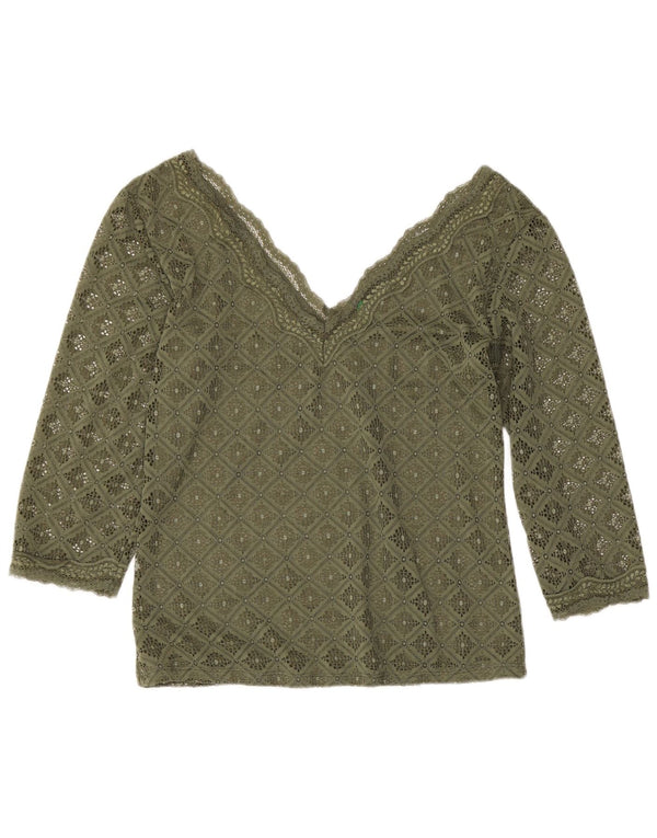 Benetton Camicetta in pizzo con maniche a 3/4 da donna Top UK 12 Medio Cachi geometrico
