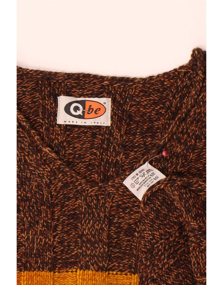 Maglione vintage da uomo con scollo a V, grande, in lana color block marrone