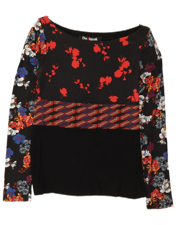 Desigual Donna Top Manica Lunga UK 12 Medium Black Floral Viscosa