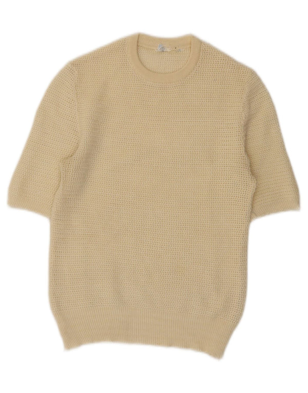 Maglione maglione girocollo a maniche corte da donna vintage UK 10 piccolo beige