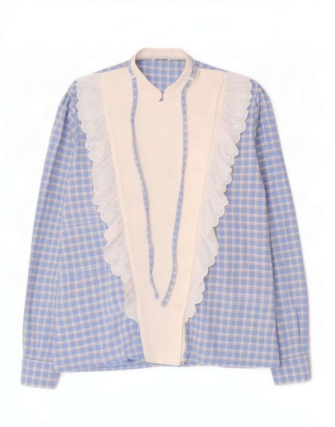 Camicia vintage da donna con volant sul davanti UK 16 grande quadretto blu