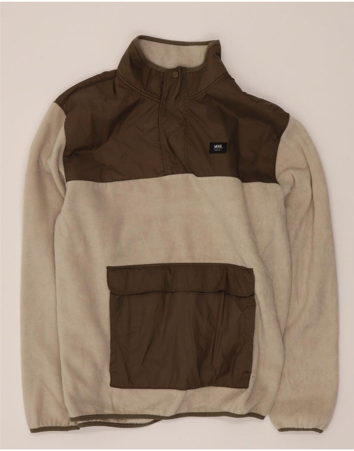 Maglione in pile da uomo Vans con collo a bottoni, grande, poliestere color block bianco