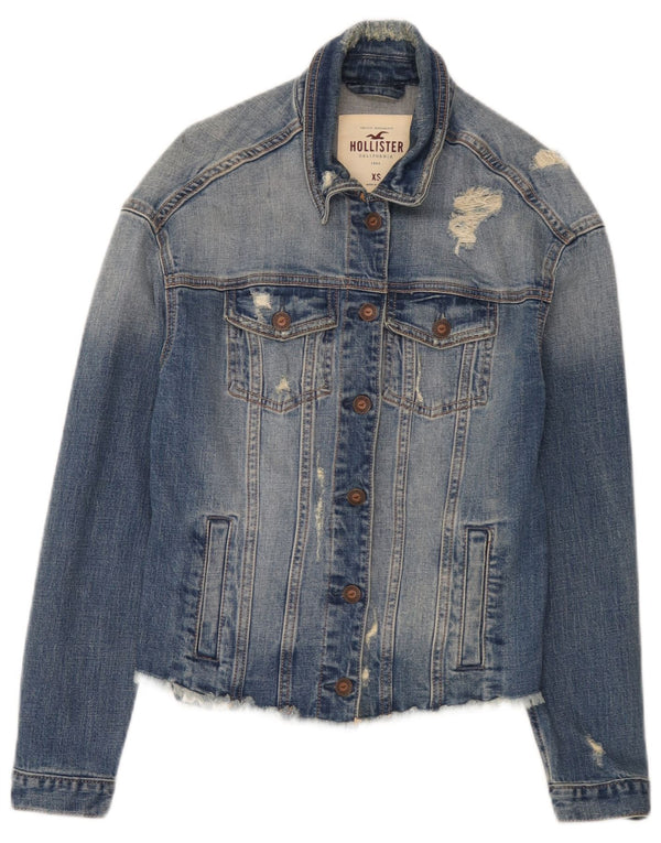 Giacca in denim invecchiato Hollister da donna UK 6 XS blu cotone