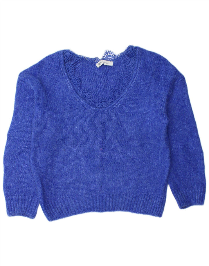 ZARA Womens V-Neck Jumper Sweater UK 14 Medium Blue Acrylic
