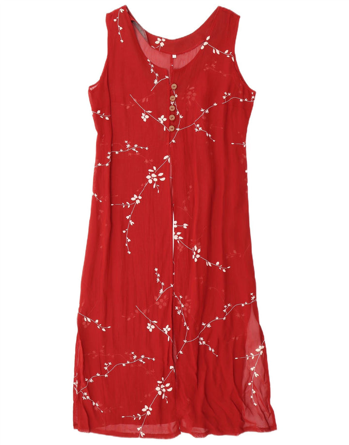 Abito lungo senza maniche da donna VINTAGE UK 14 Grande viscosa floreale rossa