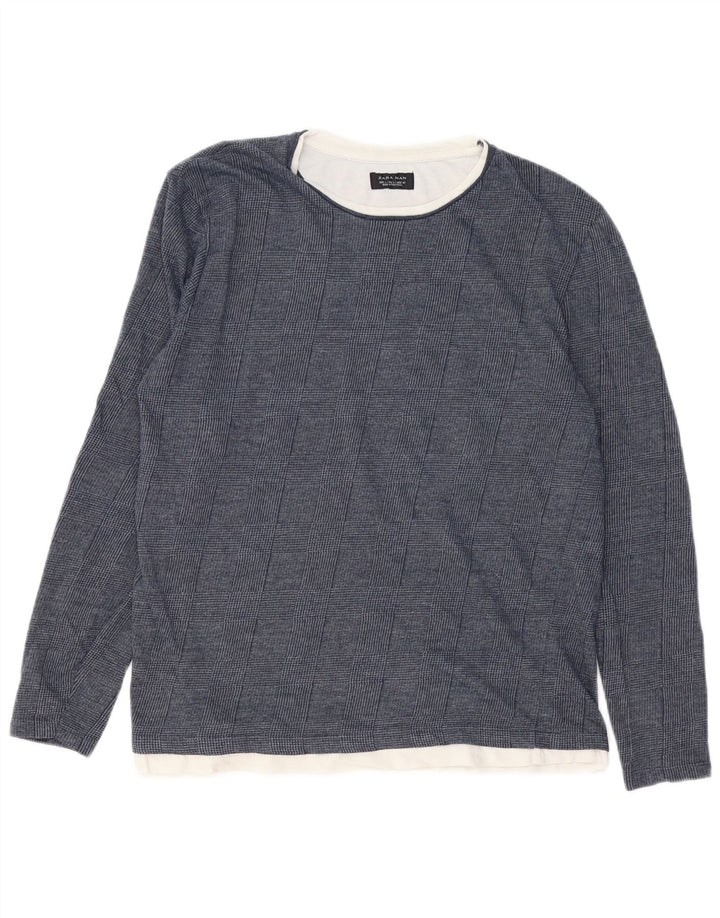 Zara Top da uomo a maniche lunghe grande blu navy pied de poule