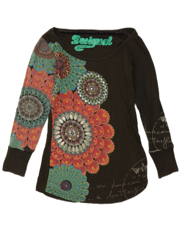 Desigual Donna Graphic Top Manica Lunga UK 12 Medio Nero Floreale