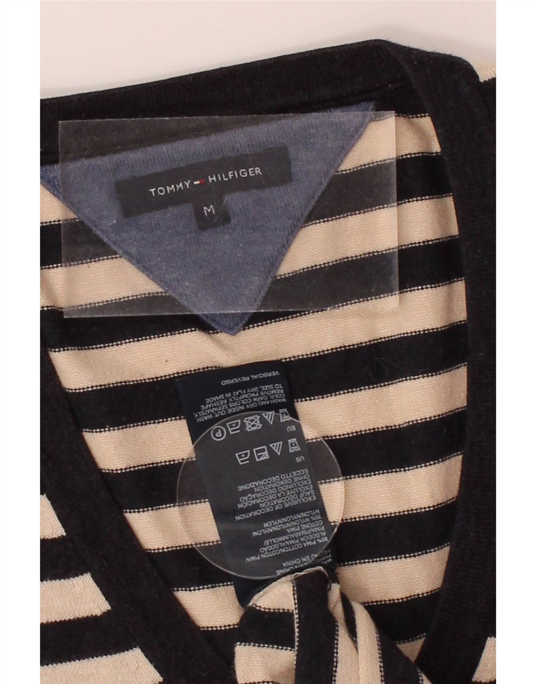 TOMMY HILFIGER Womens V-Neck Jumper Sweater UK 12 Medium Black Striped Vintage Tommy Hilfiger and Second-Hand Tommy Hilfiger from Messina Hembry 