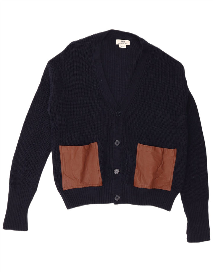 Maglione cardigan da uomo Zara grande in cotone color block blu navy