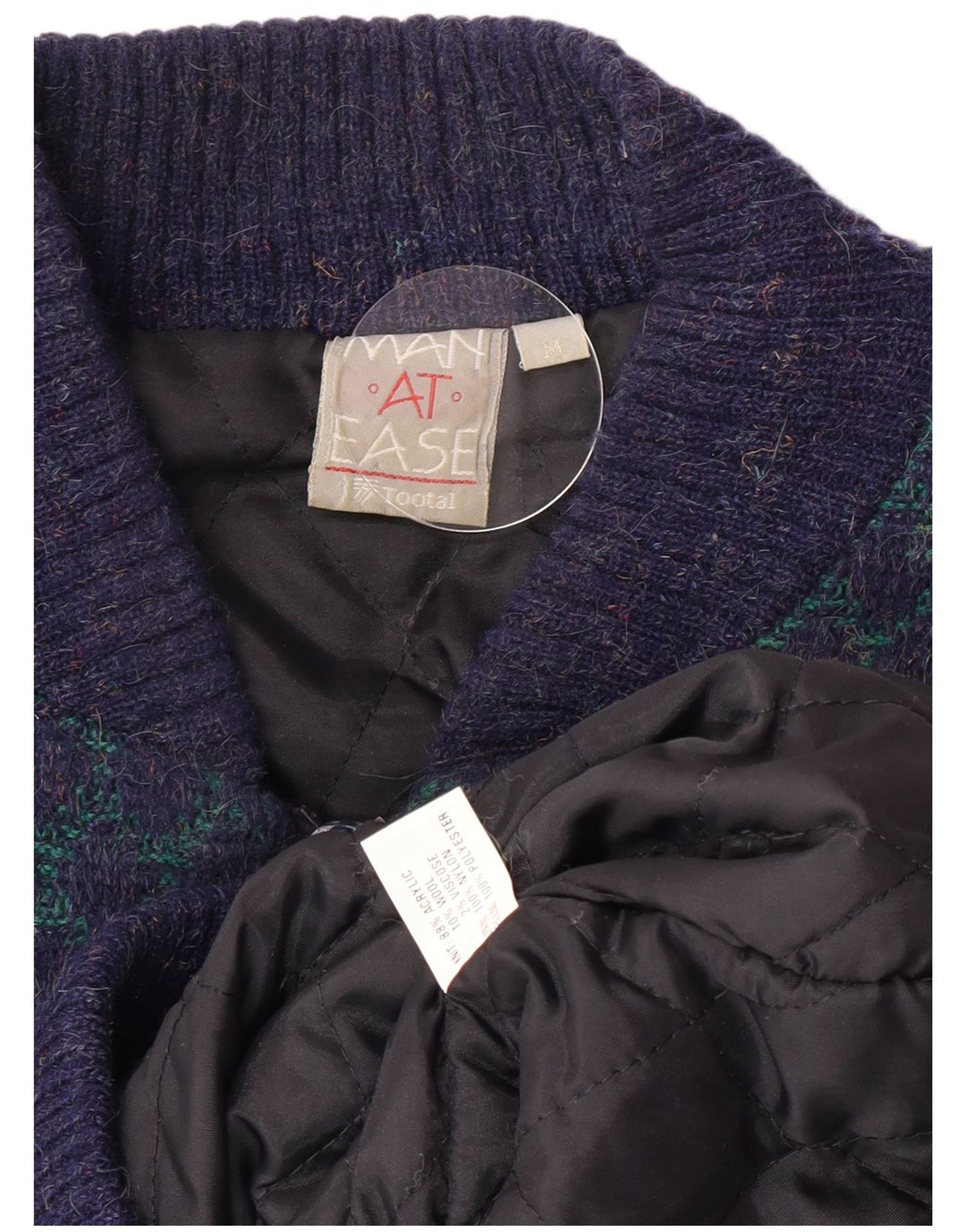 Giubbotto bomber lavorato a maglia da uomo vintage UK 38 Retro acrilico geometrico blu medio