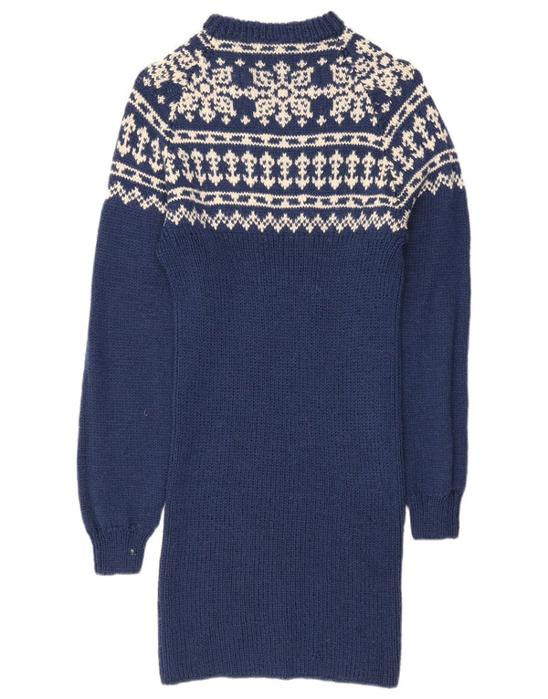 Abito maglione vintage da donna a maniche lunghe UK 10 Small Blue Fair Isle