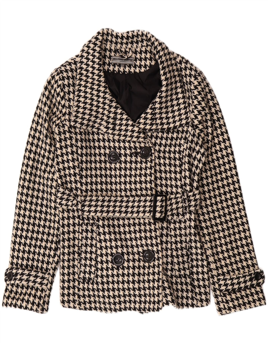 VINTAGE Womens Double Breasted Coat EU 38 Medium Black Houndstooth Wool