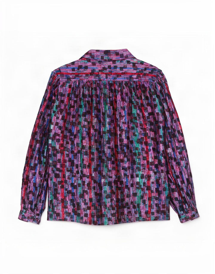 Camicetta camicia da donna Elsie Whiteley UK 16 Grande motivo geometrico multicolore