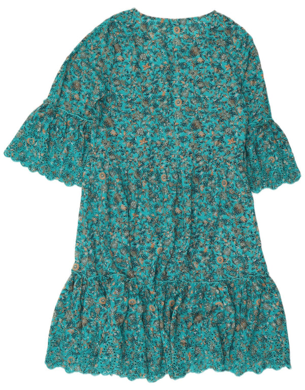 NEXT Womens 3/4 Sleeve A-Line Dress UK 12 Medium Blue Floral Polyester