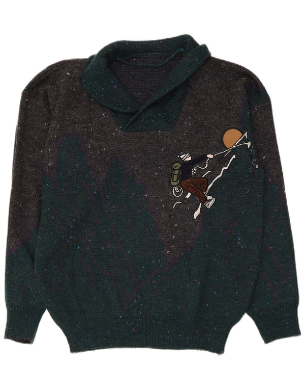 Maglione vintage da uomo con collo a scialle grafico medio chiazzato multicolore