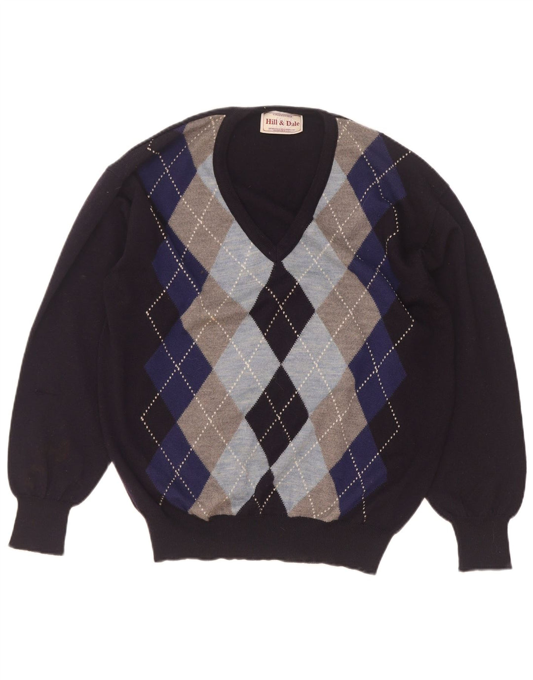 Maglione vintage da uomo con scollo a V IT 48 medio blu navy a rombi/diamante