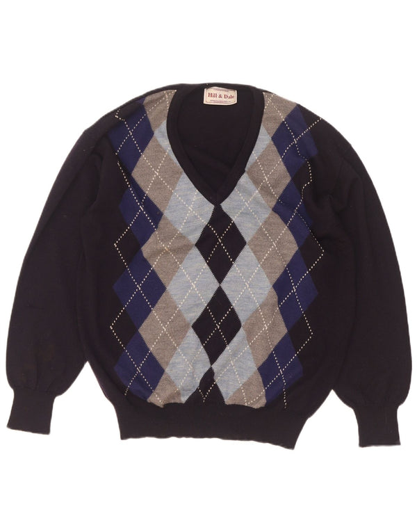 Vintage Mens V-Neck Jumper Sweater IT 48 Medium Navy Blue Argyle/Diamond