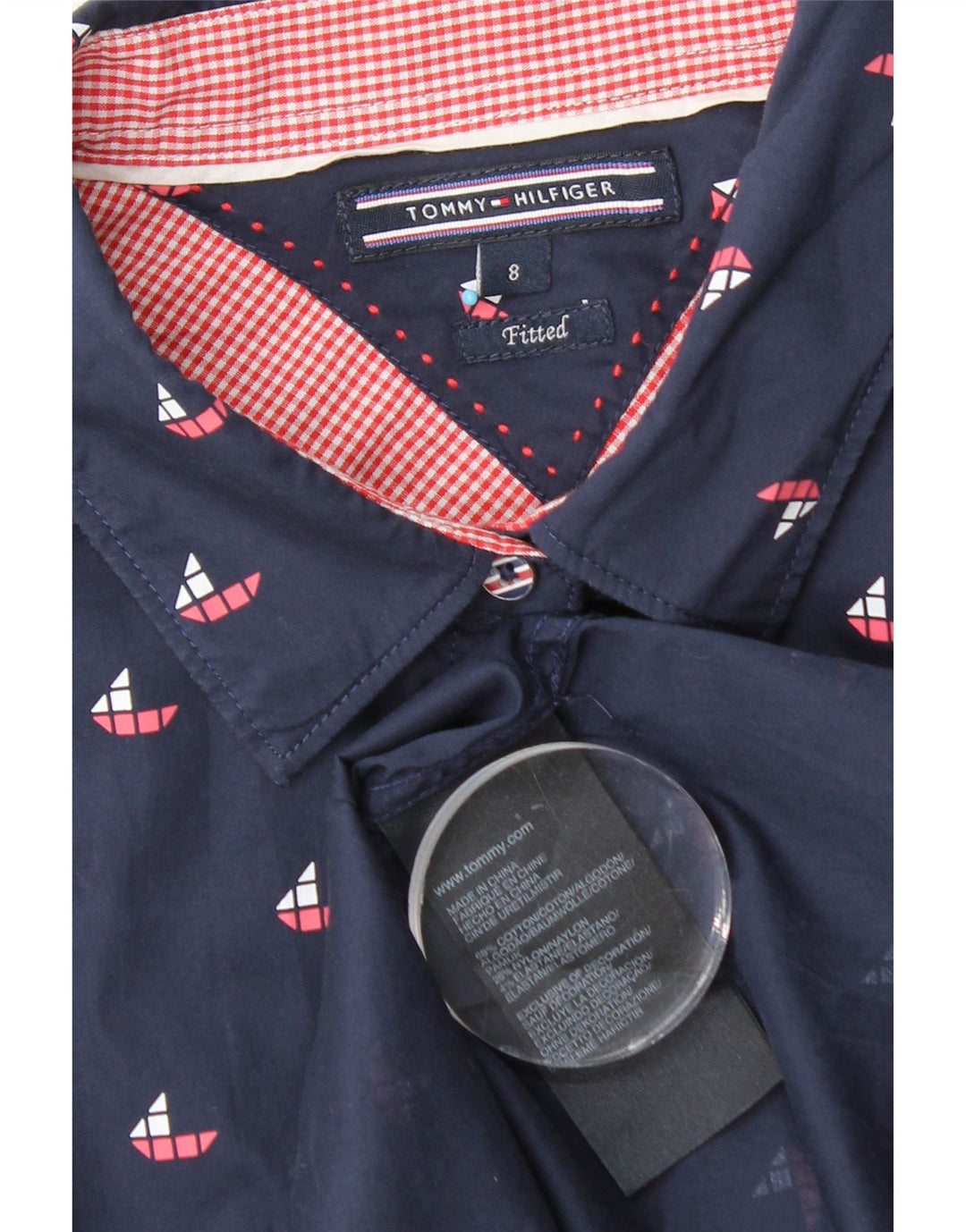 Camicia aderente da donna Tommy Hilfiger US 8 cotone geometrico blu navy medio