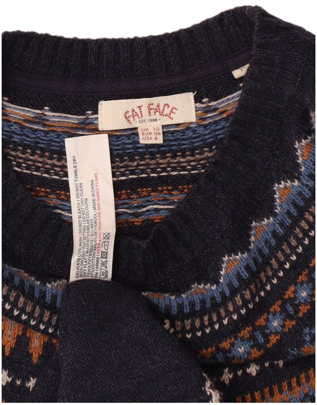 FAT FACE Abito maglione da donna UK 10 Piccolo cotone Fair Isle blu navy