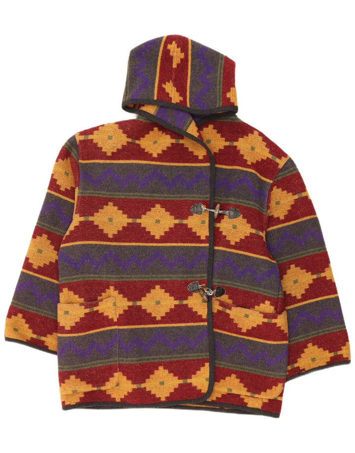 Montgomery con cappuccio da donna vintage UK 14 grande motivo geometrico multicolore
