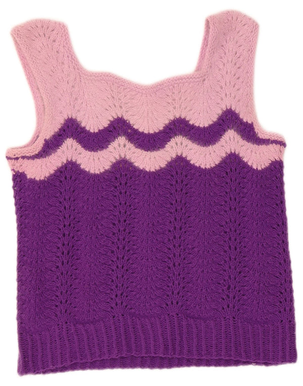 Top camicetta in maglia senza maniche da donna vintage UK 4 XS color block viola