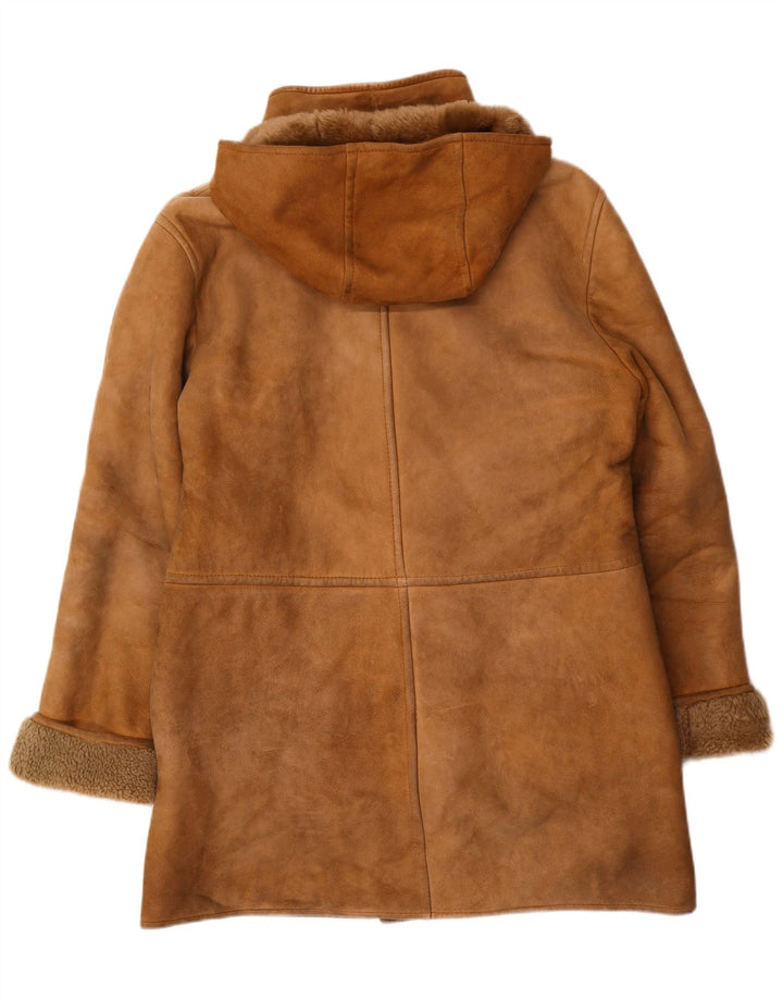 Cappotto vintage in shearling con cappuccio da uomo UK 36 piccolo marrone