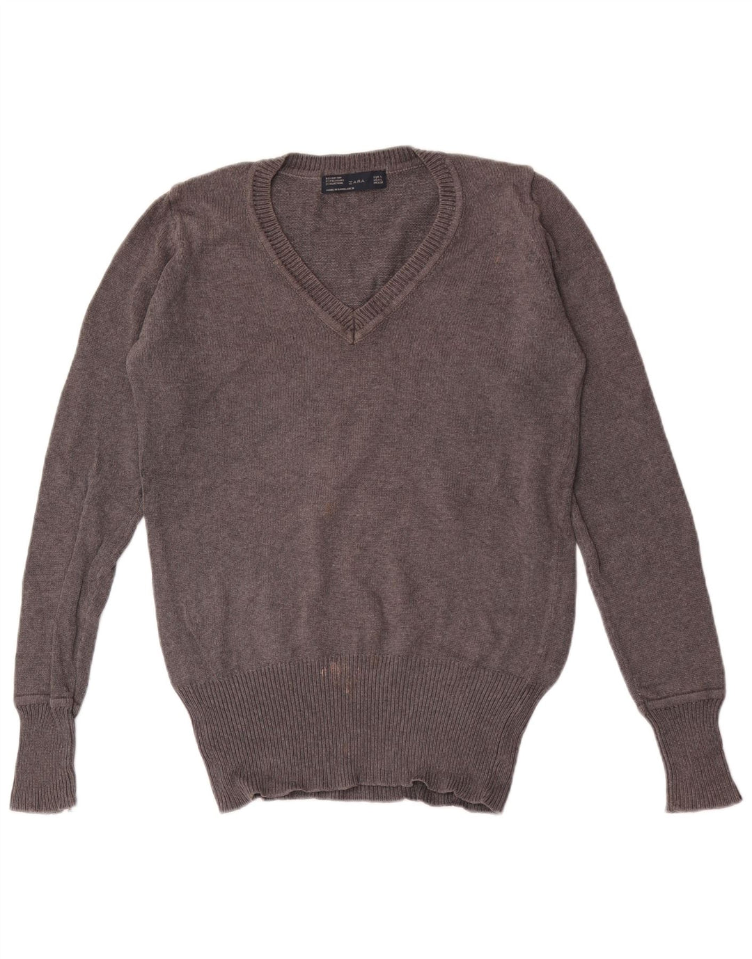 Maglione ZARA da donna con scollo a V UK 16 grande cotone grigio