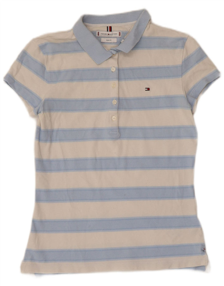TOMMY HILFIGER Polo da donna slim fit UK 6 XS cotone a righe blu