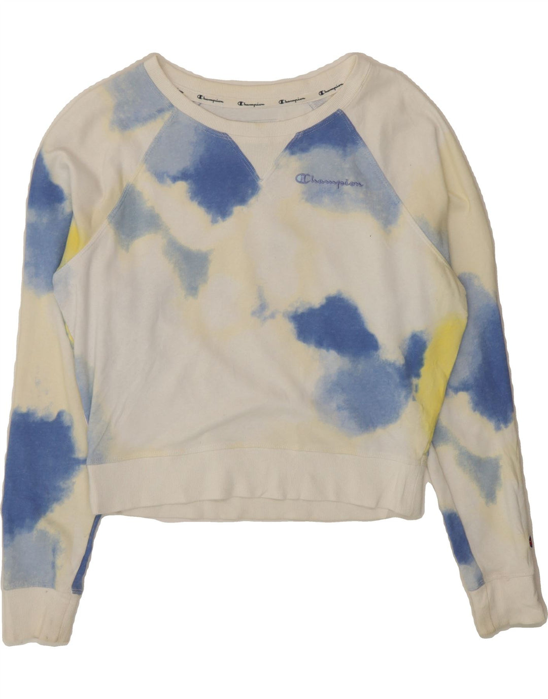 CHAMPION Womens Oversized Crop Sweatshirt Jumper UK 10 Small White Tie Dye Vintage Champion and Second-Hand Champion from Messina Hembry 