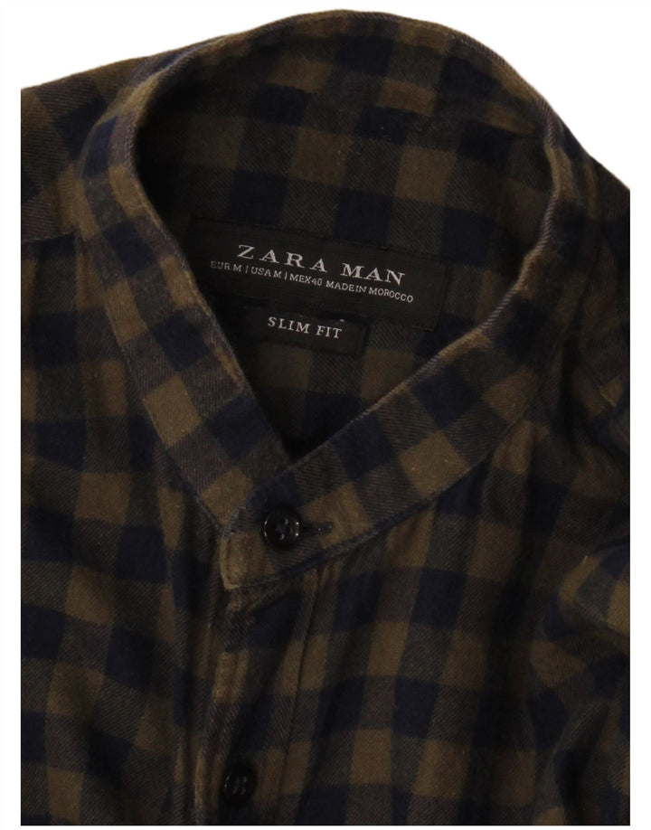 Camicia ZARA da uomo slim fit in flanella a quadri kaki medio