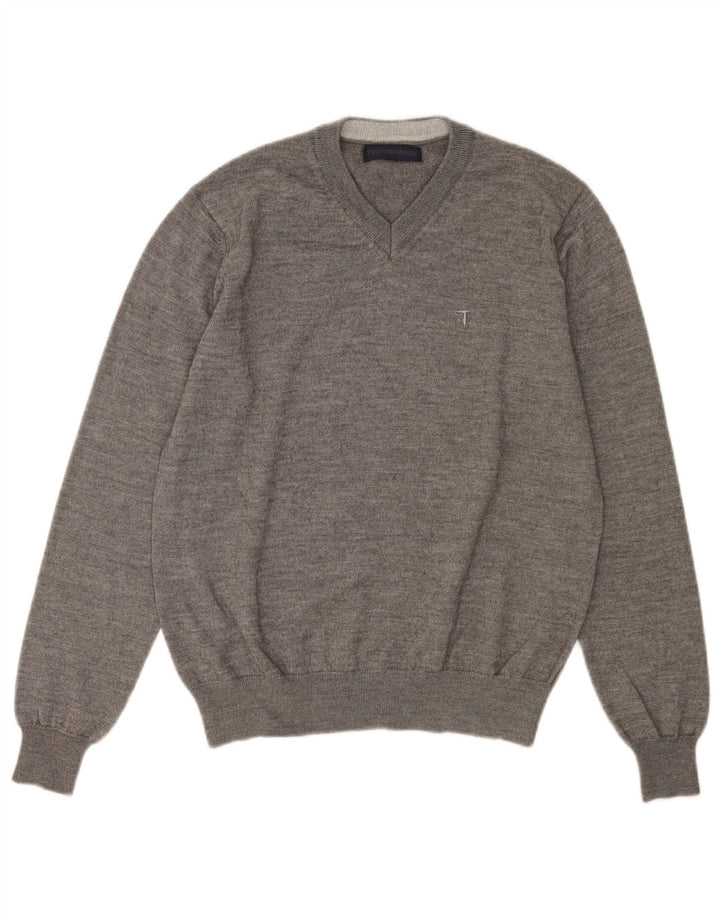 Maglione Trussardi Uomo Scollo a V in Lana Maculata Grigio Medio