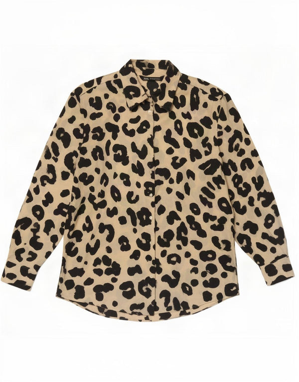 Zara camicia camicetta da donna UK 14 Beige medio Poliestere con stampa animalier