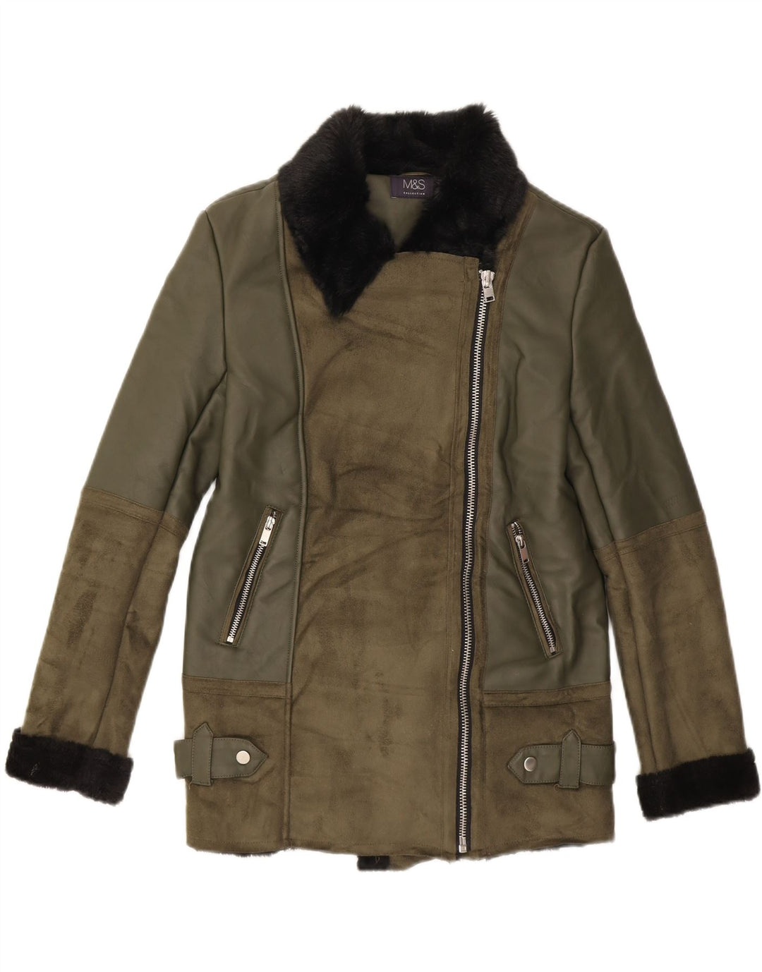 MARKS & SPENCER Womens Faux Leather Jacket UK 8 Small Green Polyester Vintage Marks & Spencer and Second-Hand Marks & Spencer from Messina Hembry 