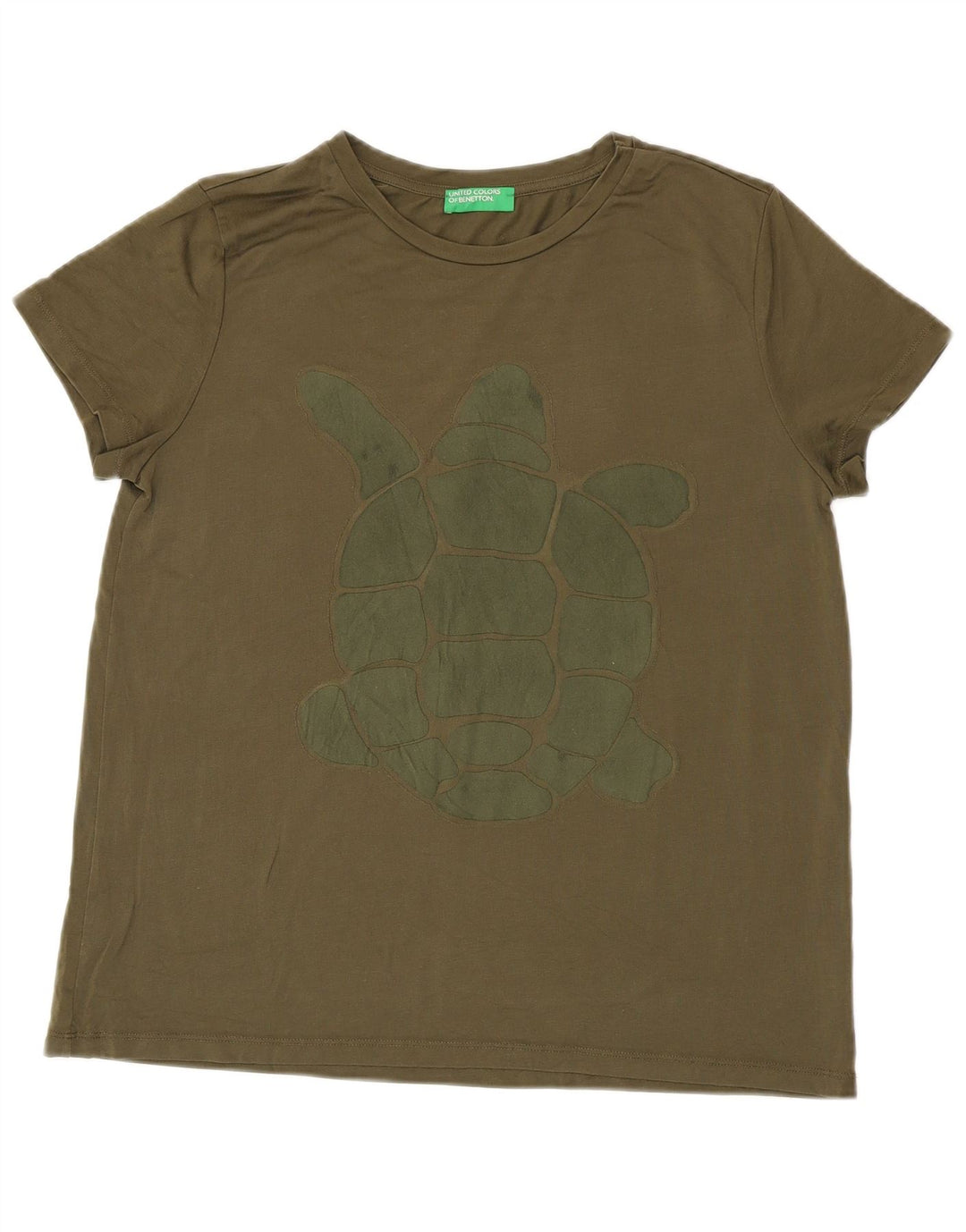 BENETTON Womens Graphic T-Shirt Top UK 14 Medium Khaki Lyocell