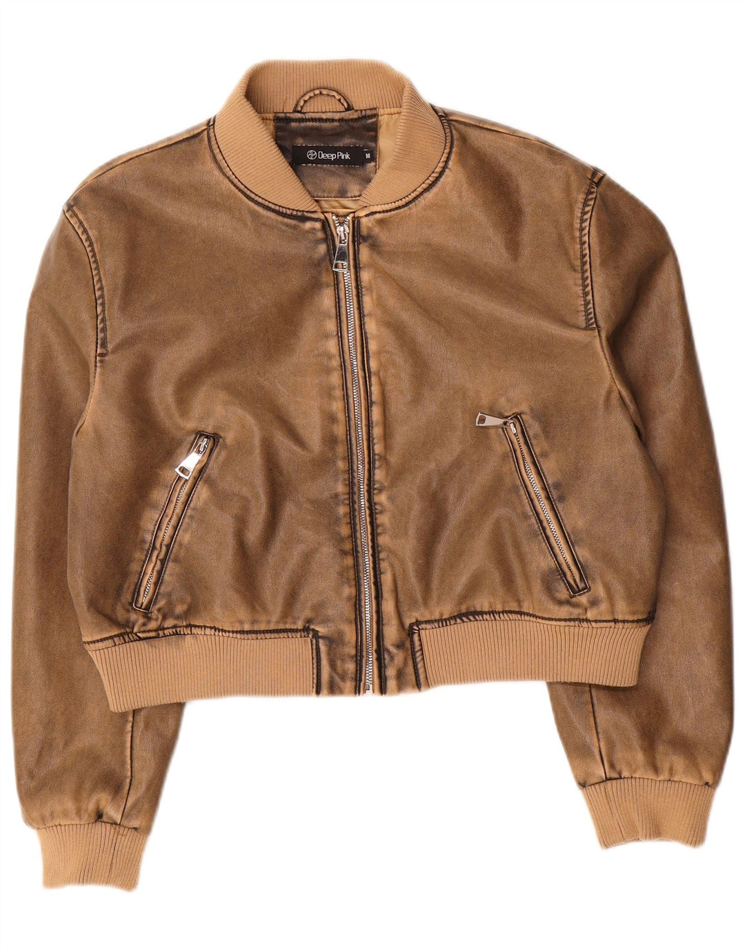Giubbotto bomber vintage in ecopelle corta da donna UK 14 marrone medio