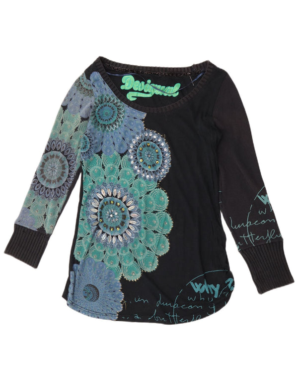 Desigual Womens Graphic Top Long Sleeve UK 10 Small Black Floral Cotton