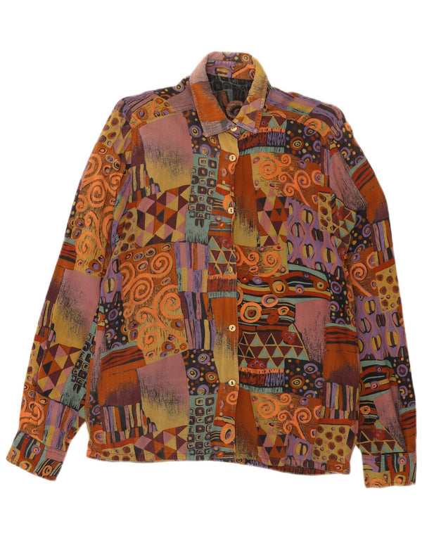 Camicetta camicia vintage da donna UK 12 media multicolore geometrica