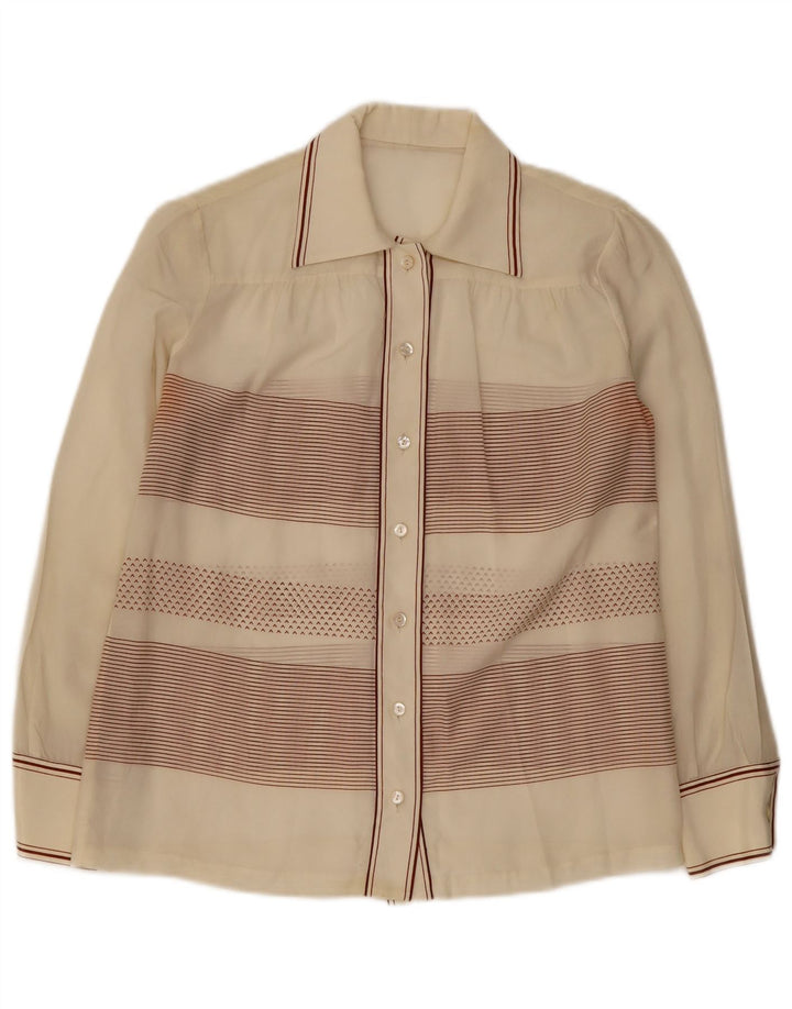Camicetta camicia vintage da donna UK 14 a righe bianco sporco medio