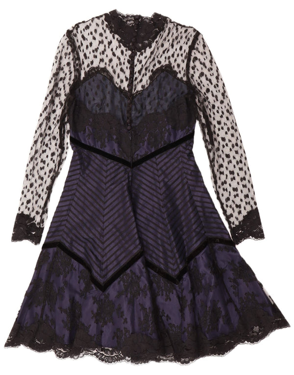 Abito a trapezio a maniche lunghe da donna vintage UK 10 Piccolo gotico floreale blu navy