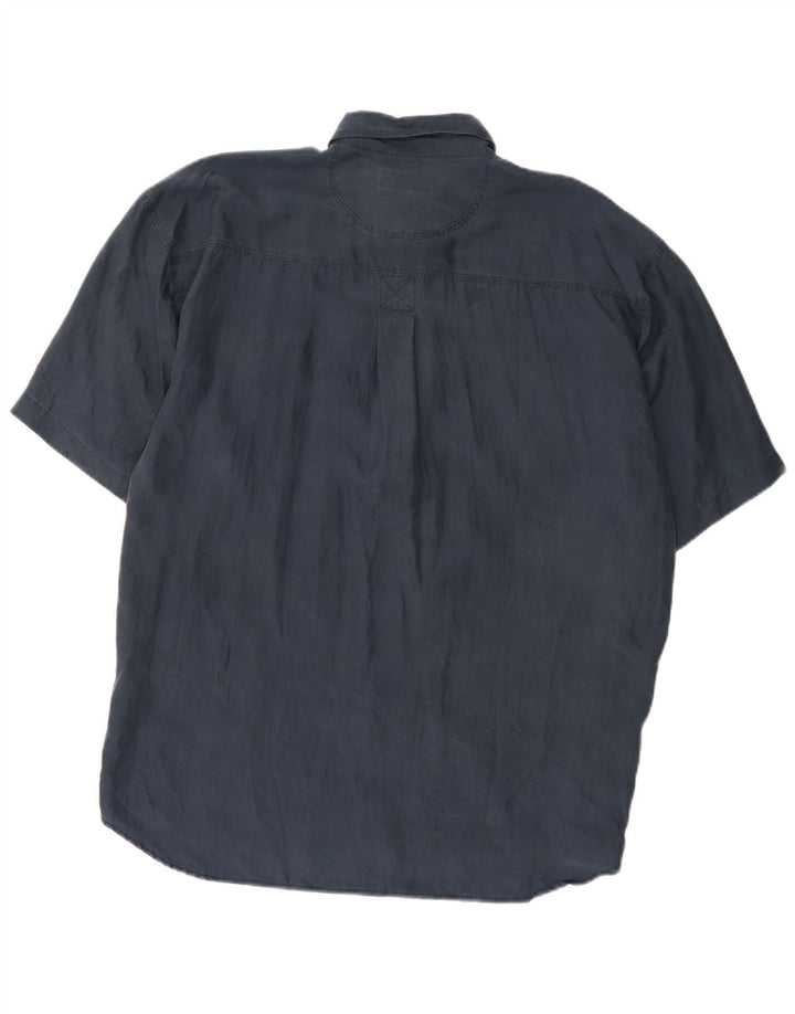 Camicia vintage da uomo a maniche corte grande in seta blu navy