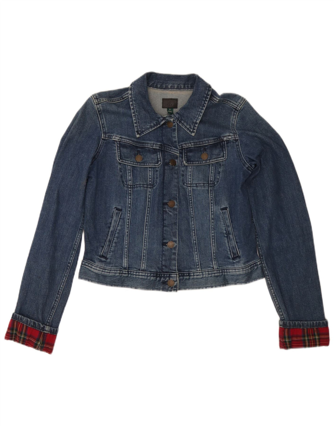 Giacca in denim corto da donna Ralph Lauren UK 12 cotone a quadri blu medio