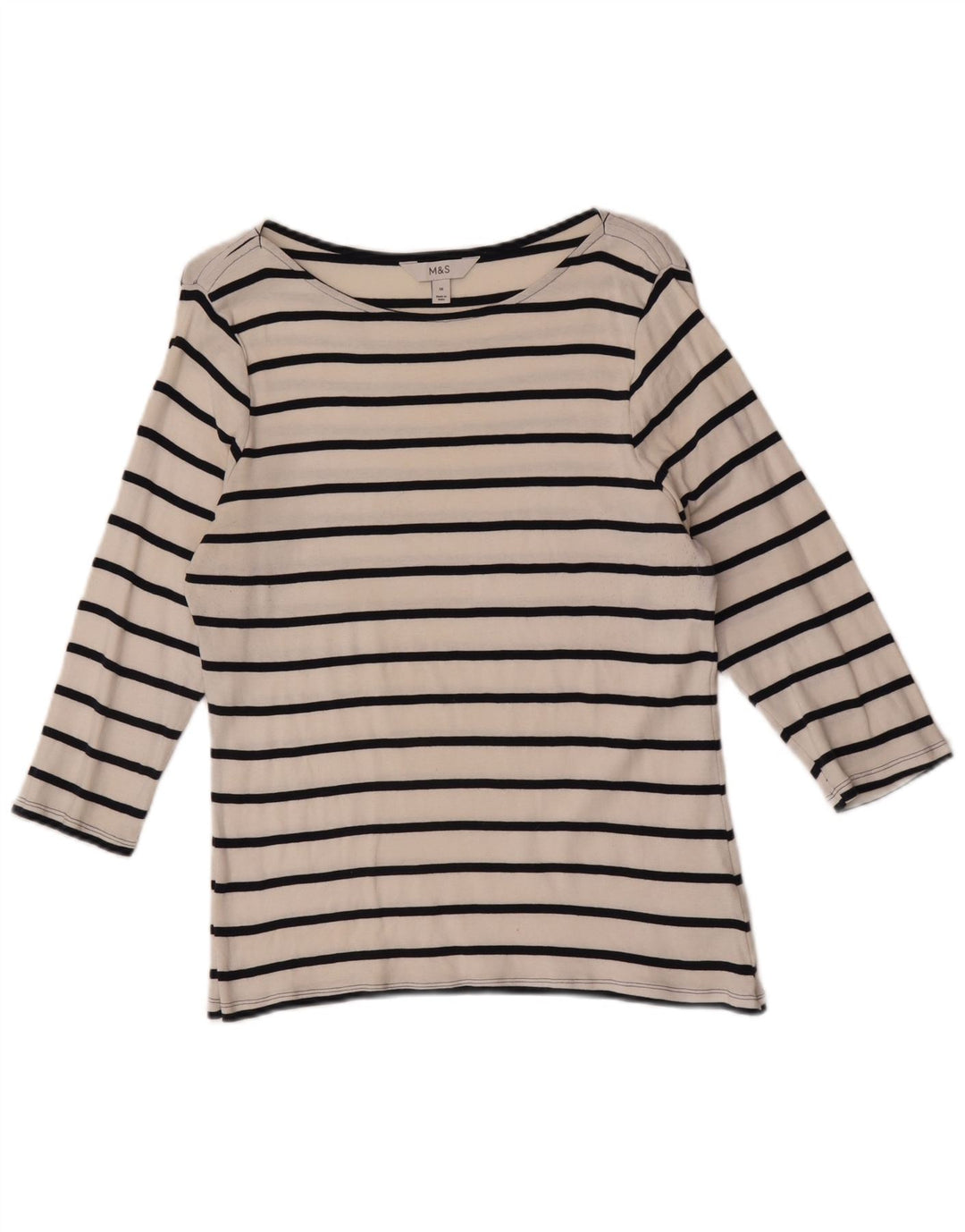 Marks & Spencer Top da donna manica 3/4 UK 16 grande cotone a righe bianche