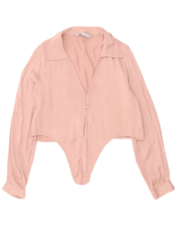 Zara Womens Crop Front Tie Shirt Blouse UK 10 Small Pink Viscose