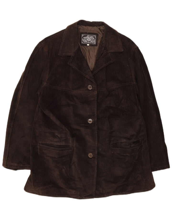 Giacca vintage in pelle scamosciata da donna UK 16 grande in pelle marrone