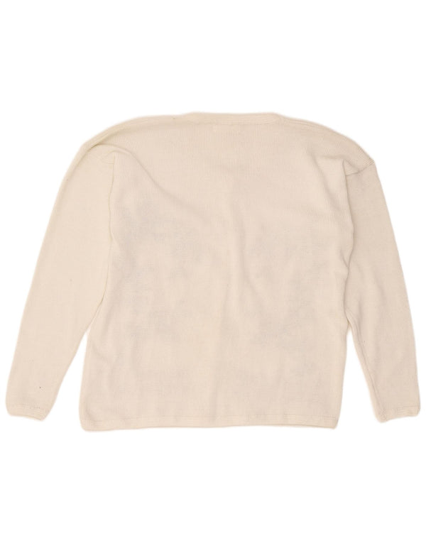 Maglione cardigan da donna vintage UK 18 XL poliestere floreale bianco