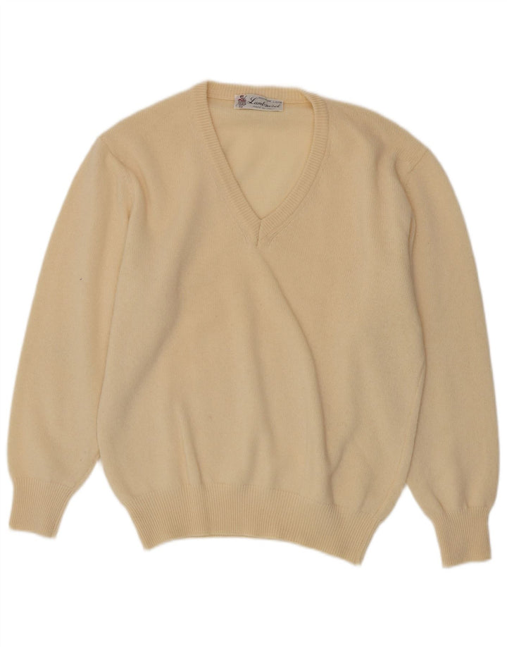 Maglione vintage da uomo con scollo a V in lana d'agnello beige medio