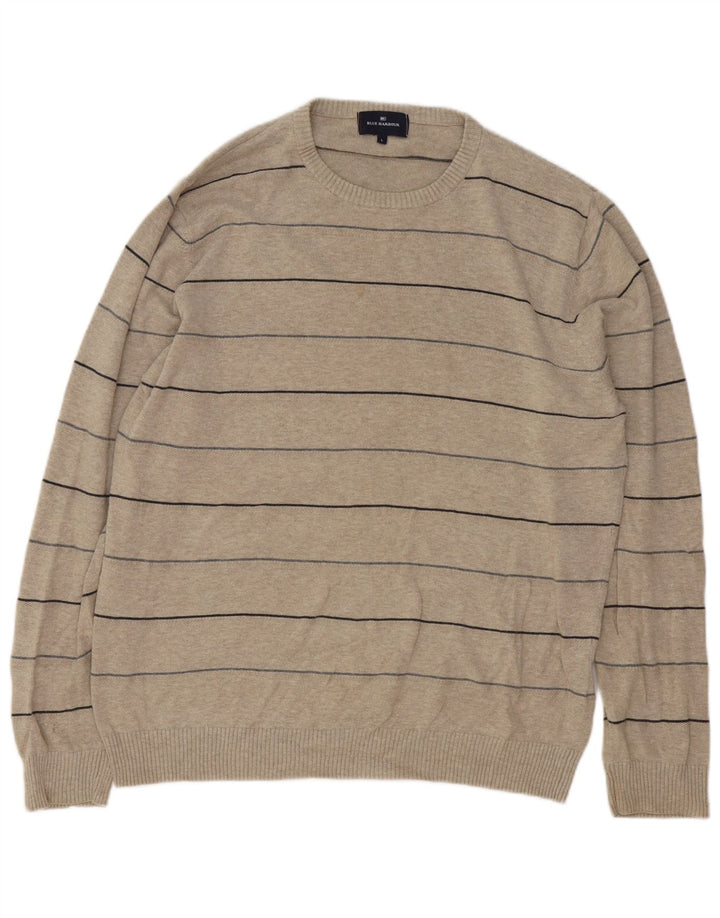 Maglione girocollo da uomo Blue Harbour, in cotone a righe beige di grandi dimensioni