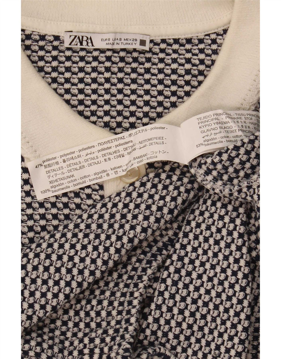 Polo corta da donna Zara UK 10 piccola blu geometrica in poliestere