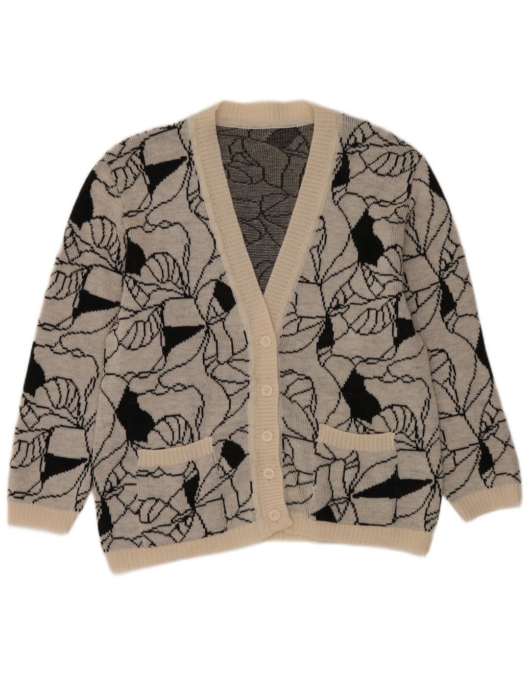 Maglione cardigan con motivo astratto da donna vintage UK 14 grande grigio