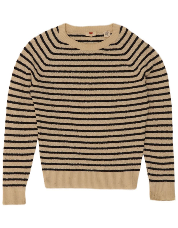 Levi's Womens Boat Neck Jumper Sweater UK 10 Small Beige Striped Wool